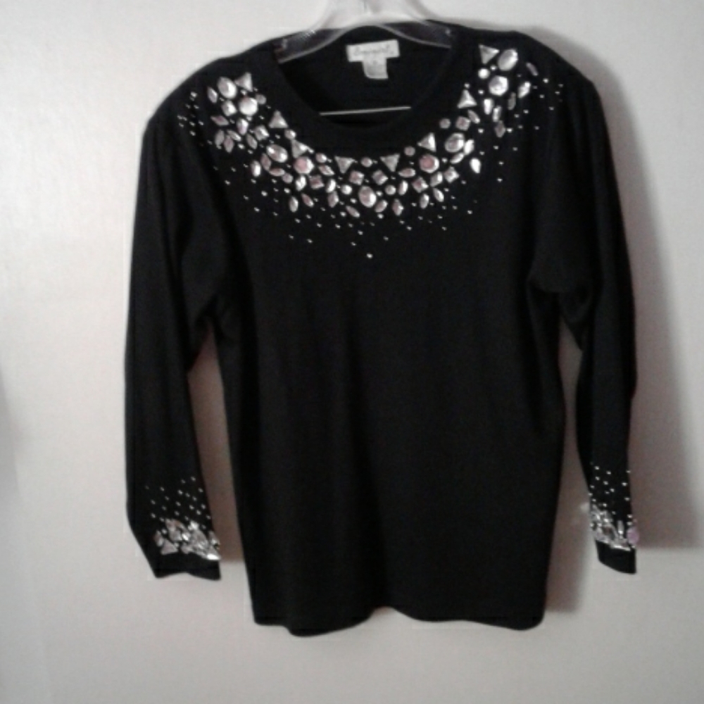 Eminent Vintage Medium Black Clear Rhinestones Jeweled Gems Embellished Neckline